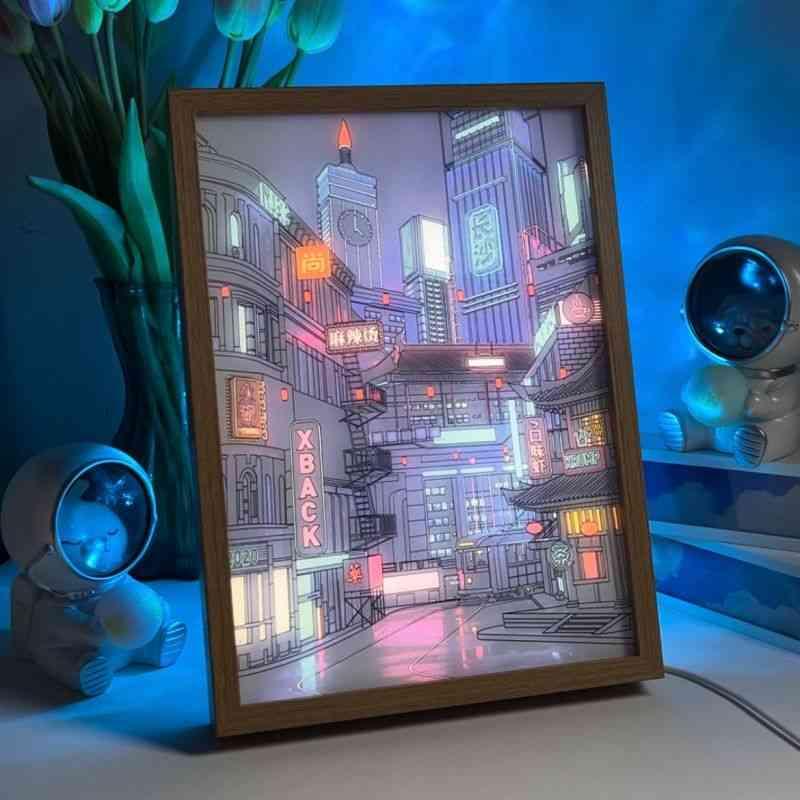 Nightscape LED Light Painting – Neon Future in Light and Shadow Wall Art
