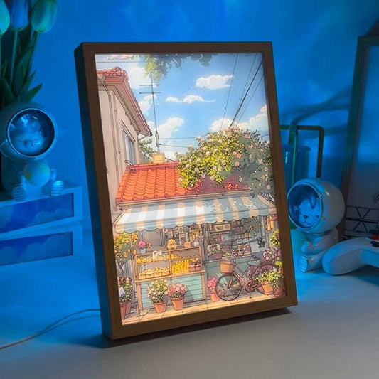 Sunny Day Storefront Manga Street Scene LED Light Painting - Cozy and Healing Decor - BASESUNLight PaintingBasesunBASESUN