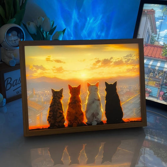 Sunset Cats LED Anime Light Painting | Cozy Cat Lover Wall Decor