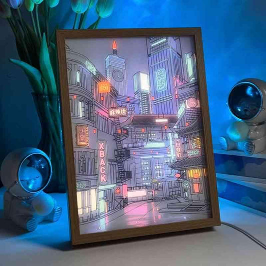 Nightscape LED Light Painting – Neon Future in Light and Shadow Wall Art